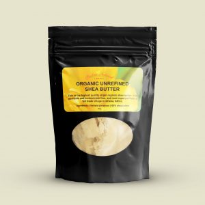 200g of Organic Unrefined Shea Butter in a black stand up Pouch. front view