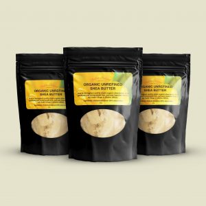 three black stand up Pouches of 200 grams of Organic Unrefined Shea Butter in front view