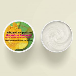 Geranium Lavender Whipped Body Butter Top View Mockup of open jar and lid Mockup