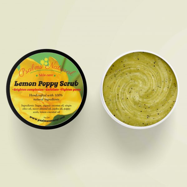 Lemon Poppy Seed Scrub. Top View of open jar and lid Mockup